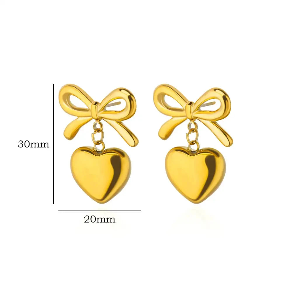 Niedliche Schleifen-Herz-Ohrringe für Damen, Edelstahl, goldfarben, Herzstecker, 2024 Trend, Piercing-Schmuck, Hochzeitsfeier-Geschenk
