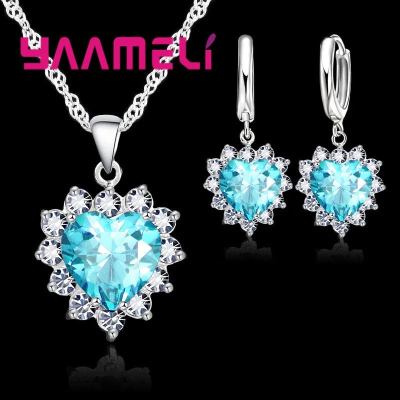 Trendiges 925 Sterling Silber Schmuckset für Damen mit Herz-Zirkonia-Anhänger, Halsketten und Ohrringen – LIEBE Jubiläumsgeschenk