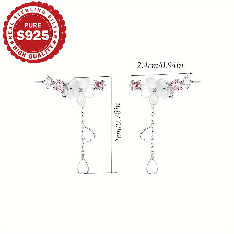 Pendientes de borla de flor de cerezo de plata esterlina S925, lindos, elegantes, estilo coreano, versátiles, clásicos, tipo colgante, hipoalergénicos