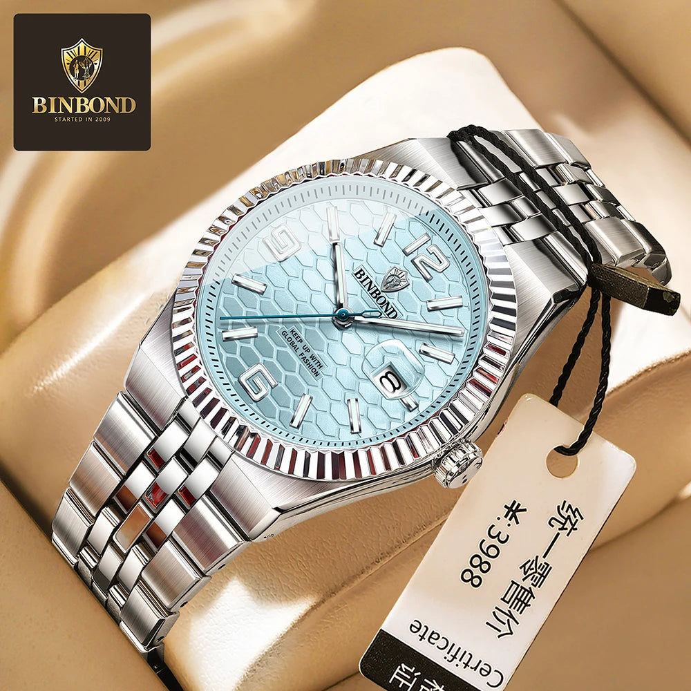 BINBOND Reloj de Hombre Original de Alta Calidad Impermeable Luminoso Fecha Lujo Reloj de Hombre de Acero Inoxidable Relojes de Cuarzo para Hombre Masculino