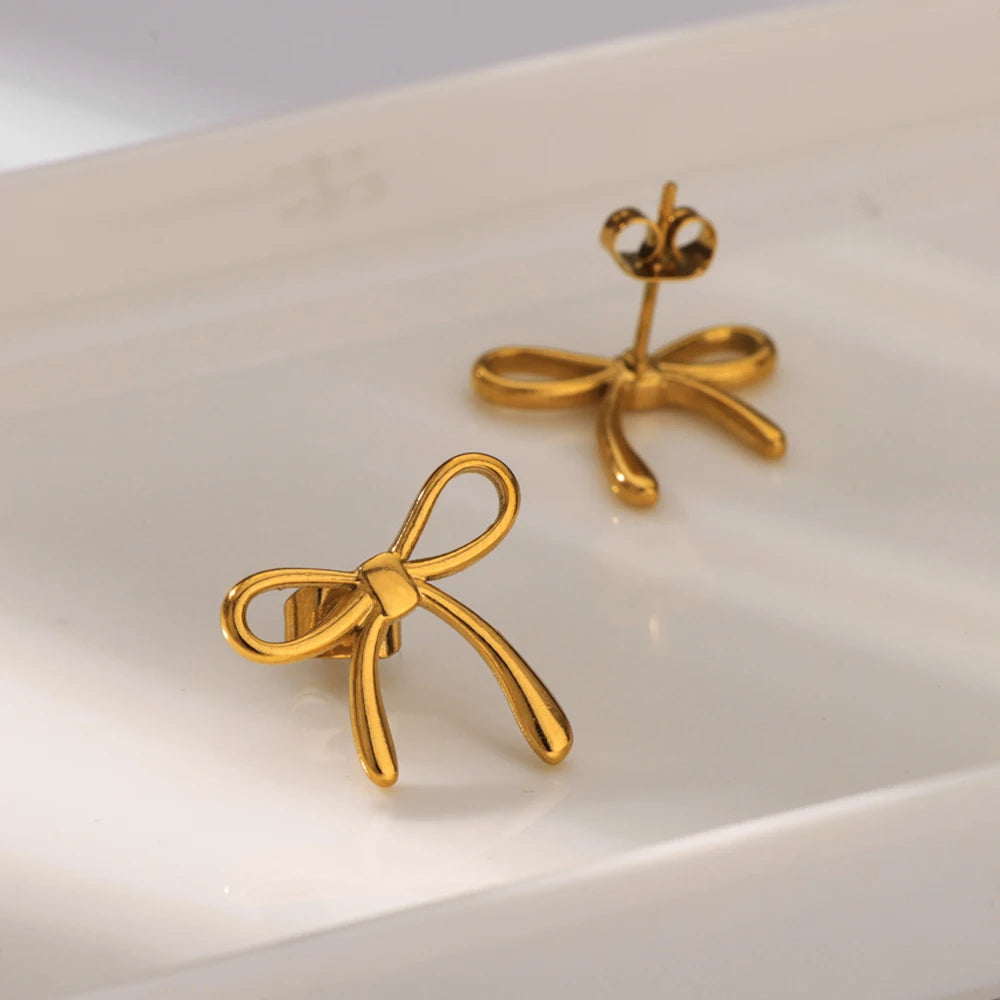 Edelstahl dünne Schleife Ohrringe für Frauen Goldfarbe Ästhetische Ohrringe Hochzeit Weihnachten Mode Schmuck Zubehör
