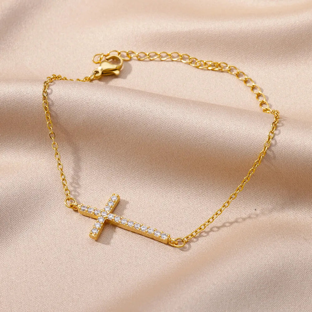 Kristall-Kreuzarmbänder für Frauen, modisch, vergoldet, Edelstahl-Kreuzarmband, Vintage, religiöser, ästhetischer Schmuck, Geschenk