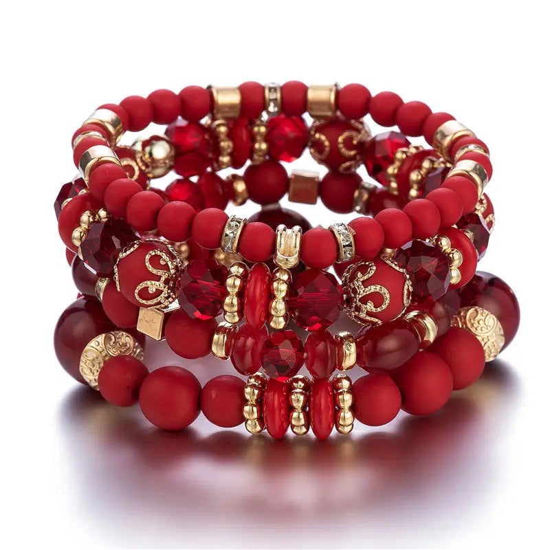 4-teiliges Set Boho Ethno Herz Perlenarmband Set für Damen Handgemachte Kristallperlenkette Armreif Weiblicher Böhmischer Schmuck Geschenk