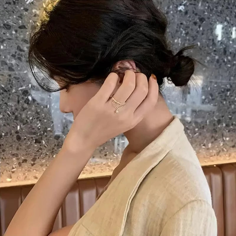 Glänzender Strass Goldfarben Kette Stern Anhänger Offene Ringe Koreanischer Stil Damen Mode Schmuck Hochzeit Party Mädchen Trendiger Ring