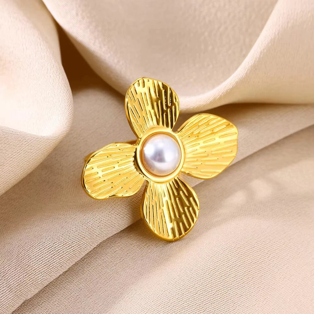 Edelstahl Blume Große Offene Ringe Für Frauen Gold Farbe Nachahmung Perle Hohlring Trendiger Ästhetischer Schmuck Geschenke