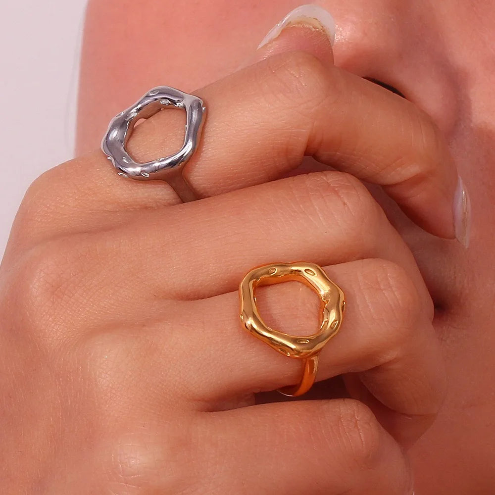 Anillo de acero inoxidable con motivo circular vintage para mujer, textura fundida, detalle de textura, temperamento, joyería al por mayor, Dropshipping