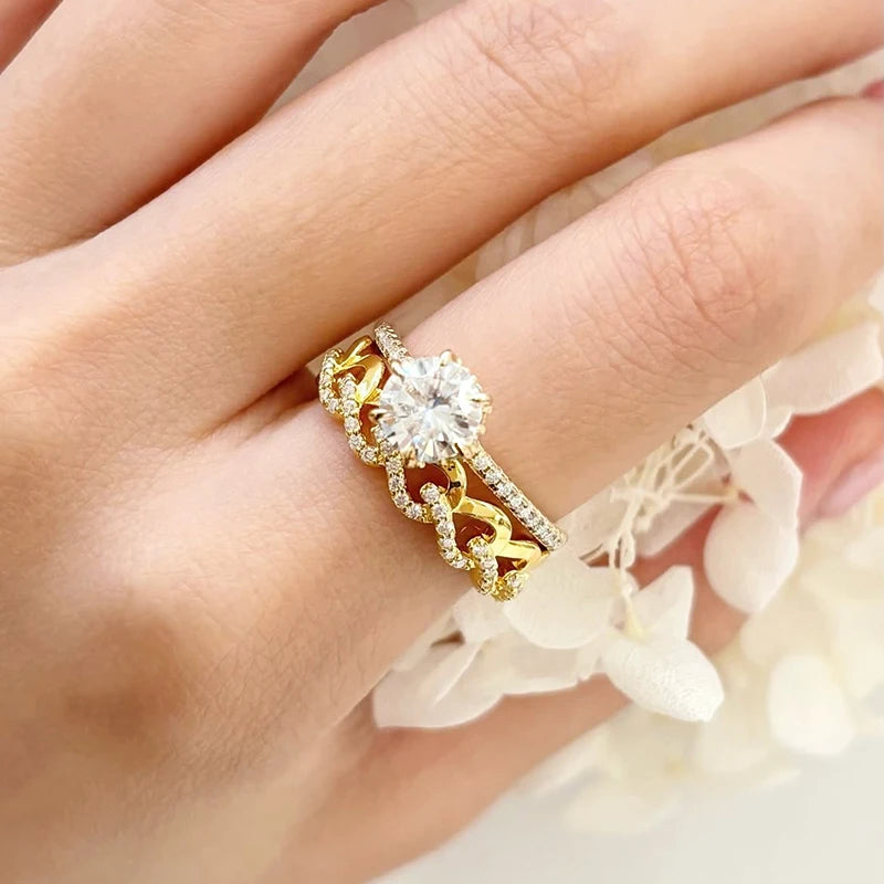 MINTYBOX 18K Gelbgold D Moissanit Ringe für Damen Handgefertigt 6,5mm S925 Silber Runder Verlobungsring Geschenk Edler Schmuck
