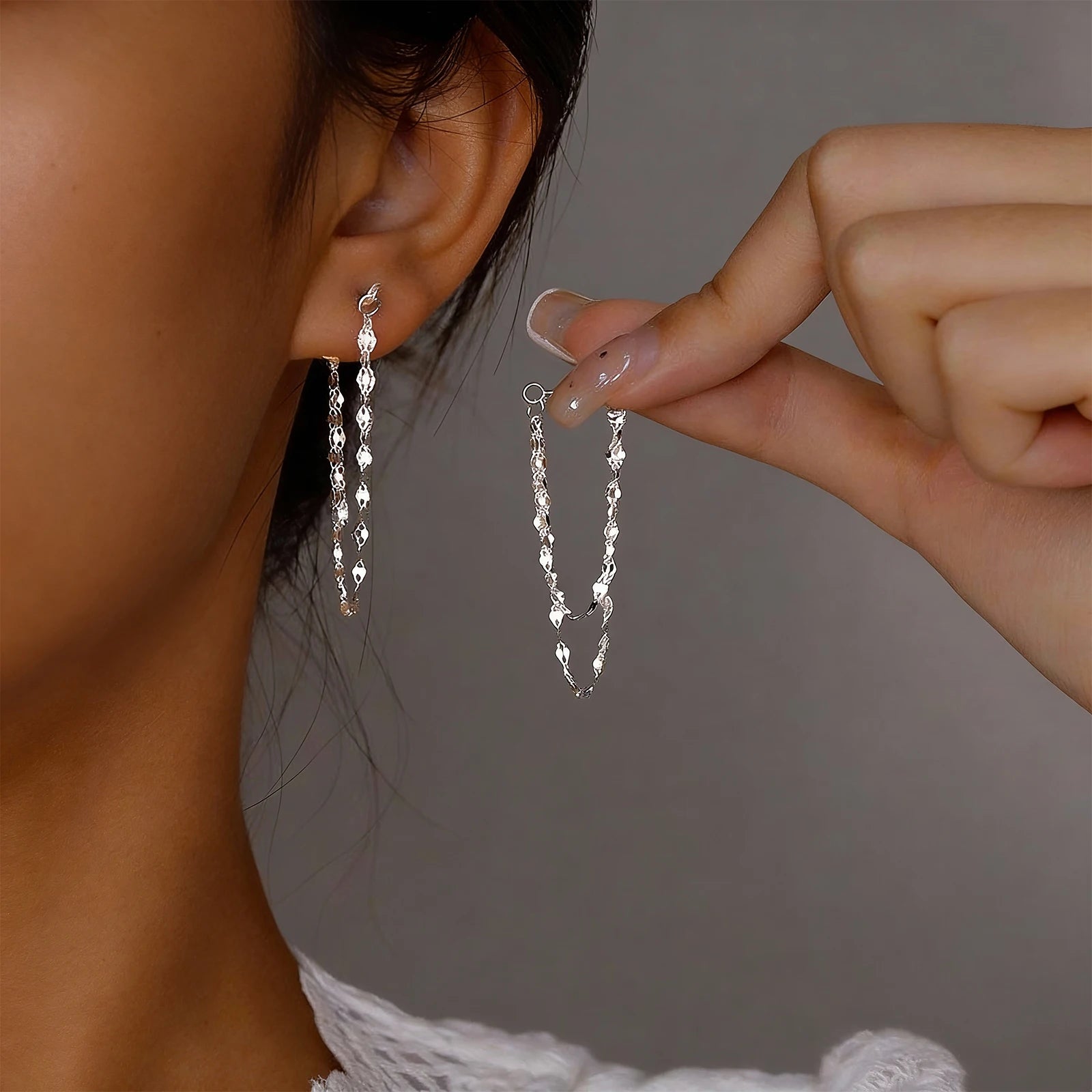 Pendientes de plata 925 con cadenas de borlas de doble capa en la parte delantera y trasera, pendientes exquisitos y dinámicos