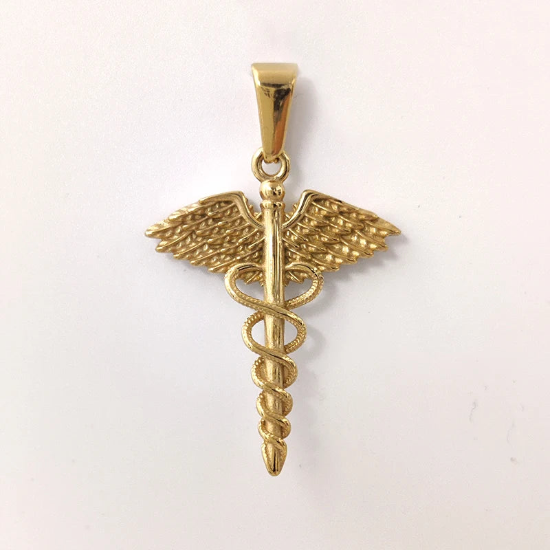 Collar de serpiente con ala de ángel de acero inoxidable chapado en oro de 18 quilates - Colgante de caduceo griego, joyería con amuleto para médico/enfermera