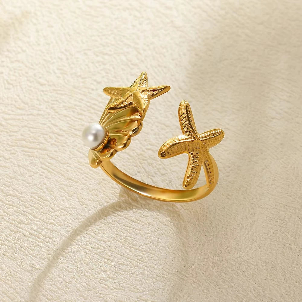 Anillos abiertos de acero inoxidable con conchas de estrellas de mar para mujer, anillo de dedo de color dorado a la moda, joyería de océano para vacaciones de verano en la playa