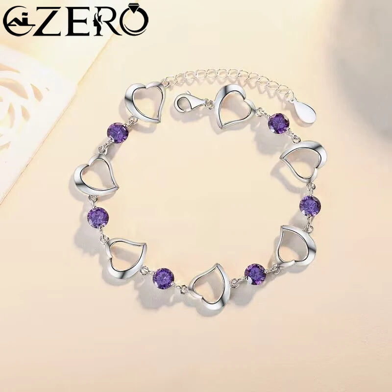 NEU Feine 925 Sterling Silber Lila Kristall Glücksklee Armbänder für Damen Mode Party Hochzeit Accessoires Schmuck 17CM+4CM