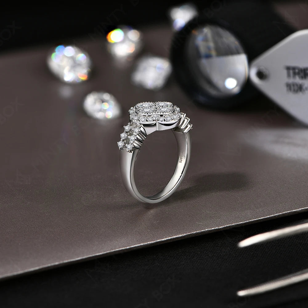 MINTYBOX Moissanit 18k Weißgold plattiert Diamantring für Damen S925 Sterling Silber Verlobung Hochzeit Edelschmuck Vierblättrig