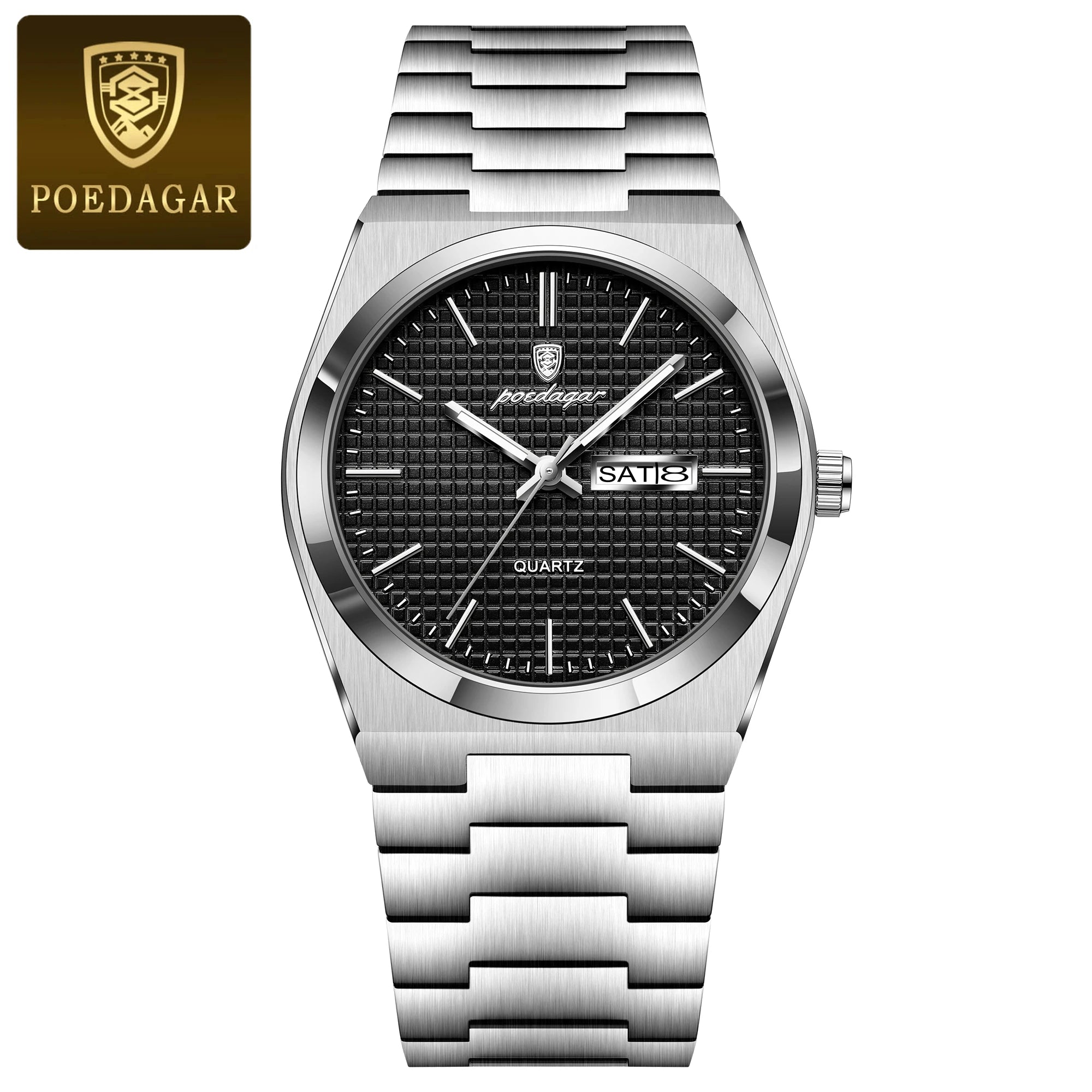 POEDAGAR Reloj de Hombre de Negocios de Acero Inoxidable Impermeable Luminoso con Fecha y Semana Reloj de Pulsera de Cuarzo de Moda Casual para Hombres