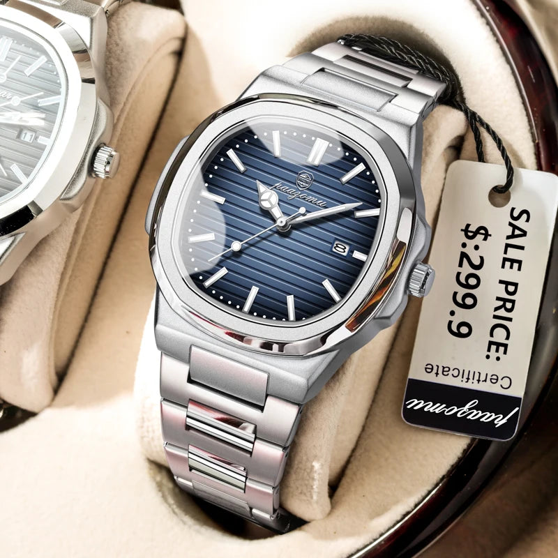 PAAZOMU Reloj de lujo empresarial de 50 ATM, resistente al agua, para hombre, reloj luminoso, fecha, acero inoxidable, cuarzo cuadrado, relojes de hombre, reloj hombre