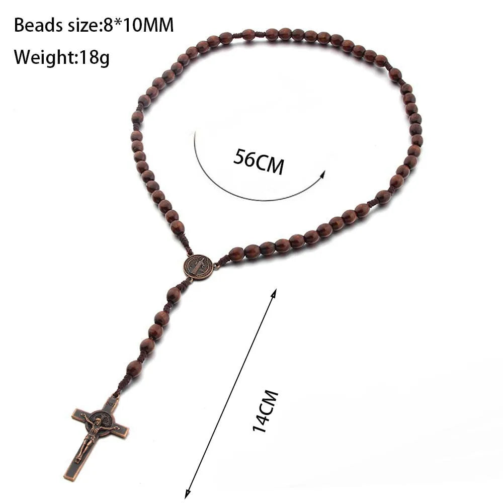 Handgemachte Rosenkranz-Halskette aus Holzperlen für Damen und Herren, Kruzifix-Kreuz-Anhänger, lange geflochtene Seilkette, religiöser Gebetsschmuck