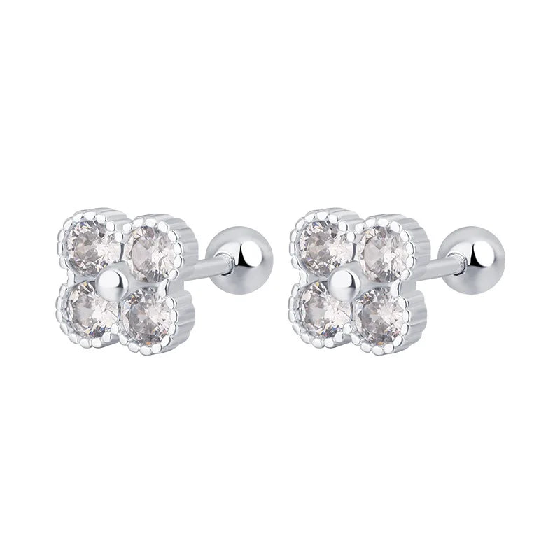 925 Sterling Silber Vier Runde Zirkon Kleine Piercing Ohrstecker für Frauen Luxuriöser Eleganter Feinschmuck Accessoires Schmuck