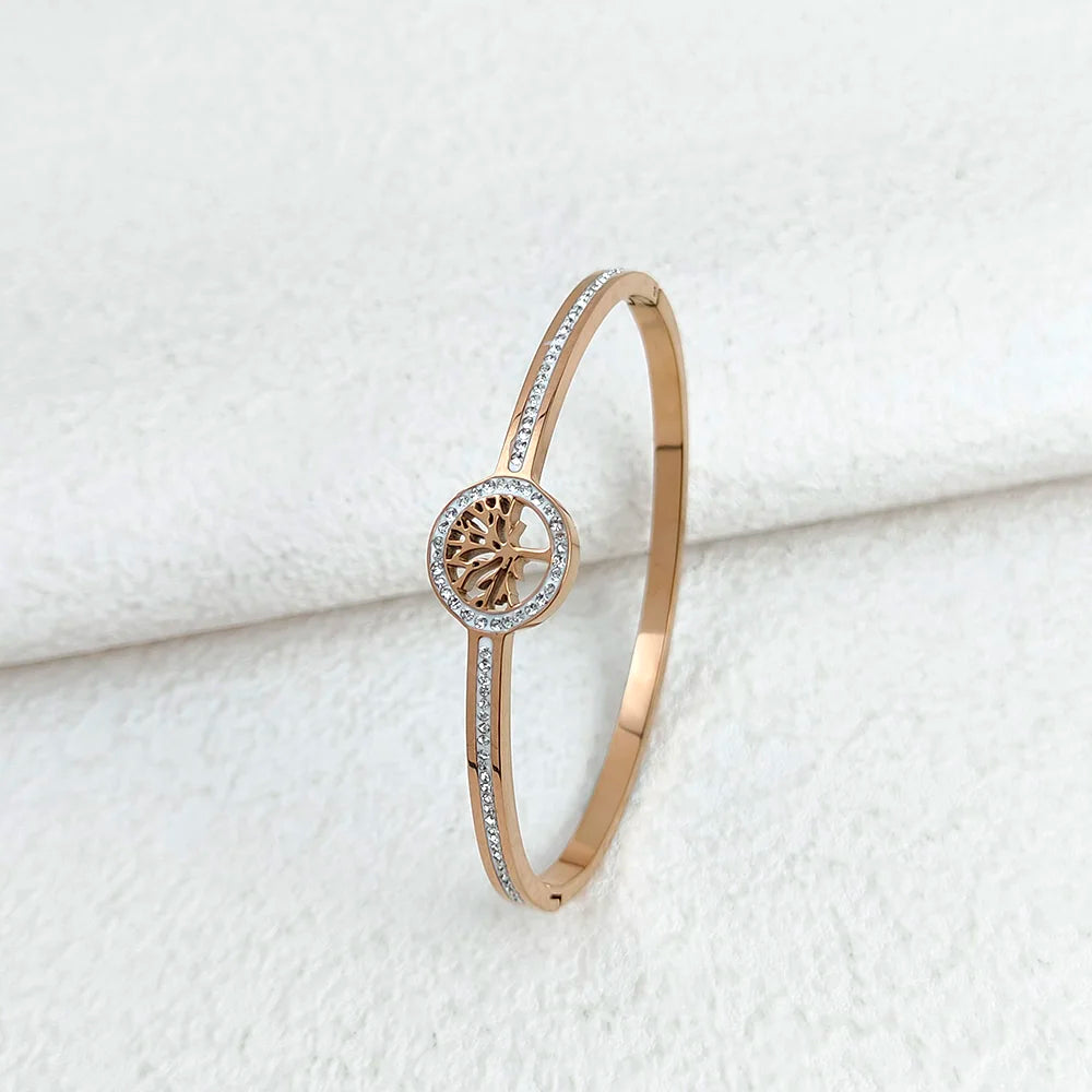 Luxus-Edelstahl-Lebensbaum-Armreif für Frauen und Männer, Kristall-Zirkon-Armband, Silber-Gold-Farbe, Handgelenkschmuck-Accessoires