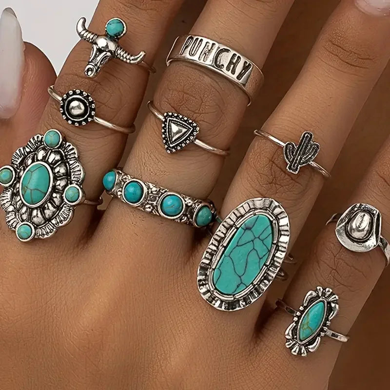10tlg. Trendy Western Style Ring-Set für Damen und Herren Vintage Türkis Bullenkopf Lotus Sonnen Design Ring Alltagsoutfit Schmuck Geschenke