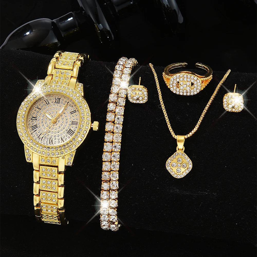 Luxus Damen Gold Uhr Mode Damen Quarz Diamant Armbanduhr Elegante weibliche Armbanduhr Set Reloj Mujer