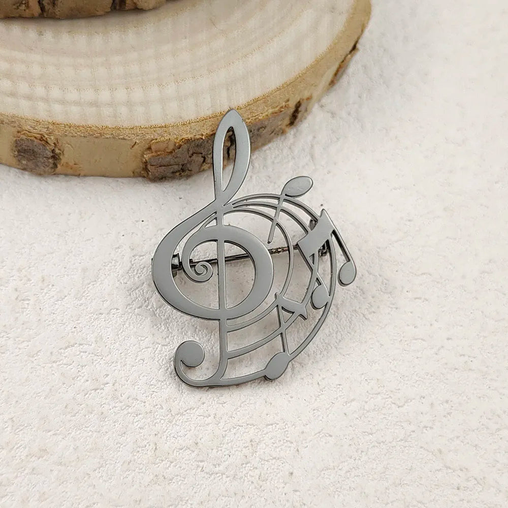 Creative punk style hollow music symbol stainless steel gold-plated 18K brooch, black suit accessories, wedding matching set