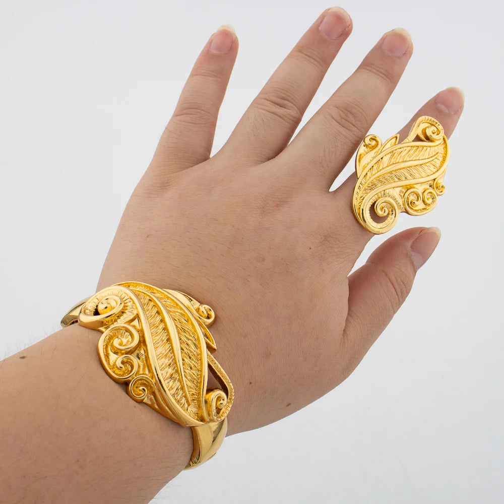 Leoparden-Design Armreif und Ring Schmuckset Vergoldet Afrikanisches Armband Verstellbarer Ring Hochzeiten Brautschmuck Accessoires