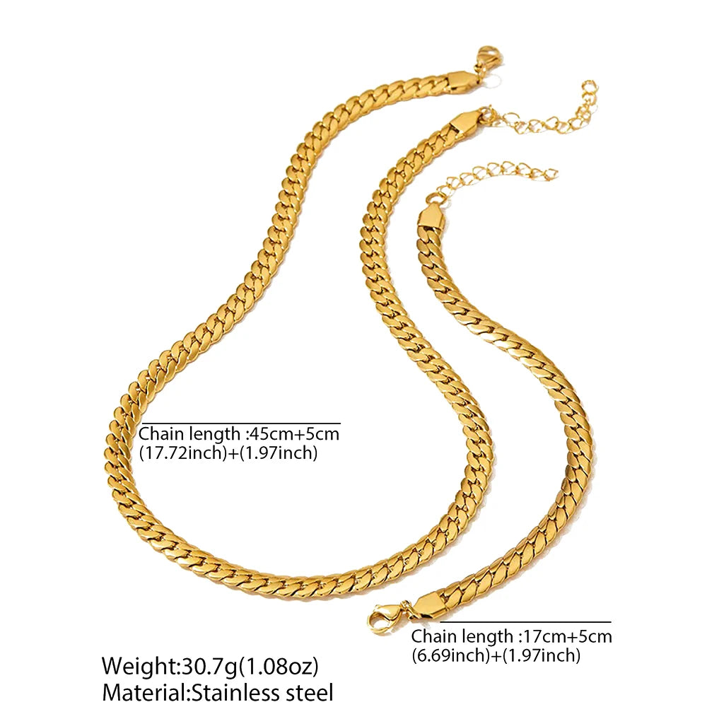 Aomogo Edelstahl Schlichtes flaches kubanisches Kettenarmband Halskette Schmuckset 18k vergoldet Modische dicke Kette Modeschmuck