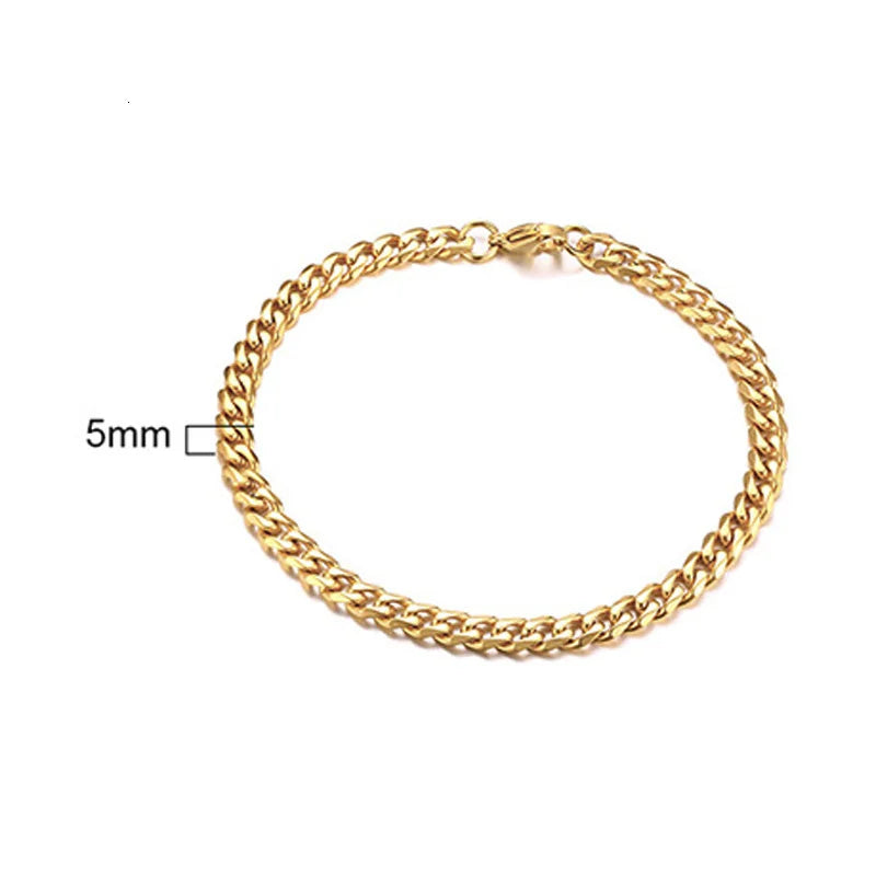 Edelstahl-Kettenarmband für Damen, 3 mm bis 9 mm, Curb Cuban Chain Armreif, Goldfarben, Unisex, stapelbarer Schmuck
