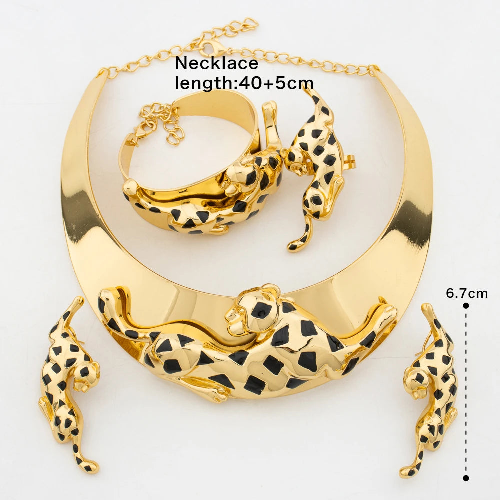 Damen Schmuckset Afrikanische Mode Leopard Halskette Ohrringe 18K vergoldet Tierform Armband Ring Kupfer Dubai Schmuck Geschenk