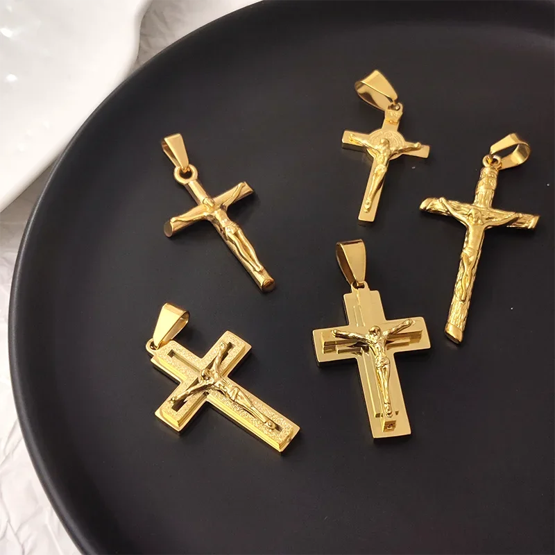 Cruz de Jesús de Acero Inoxidable Chapado en Oro de 18k, Collar con Colgante para Hombre y Mujer, Joyería Religiosa Impermeable