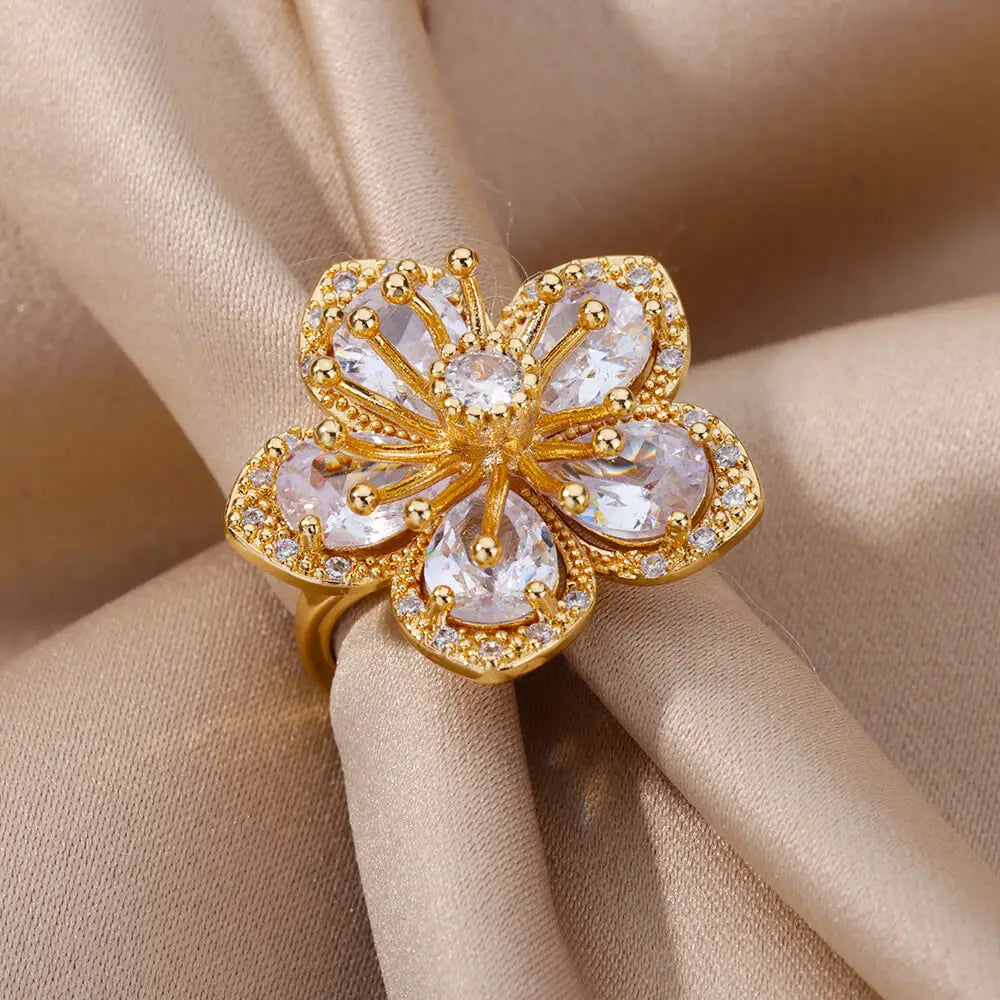 Filigrane Zirkon-Blumenringe für Damen Edelstahlring 2024 Neuer Trend Elegante luxuriöse ästhetische Schmuck-Anillos