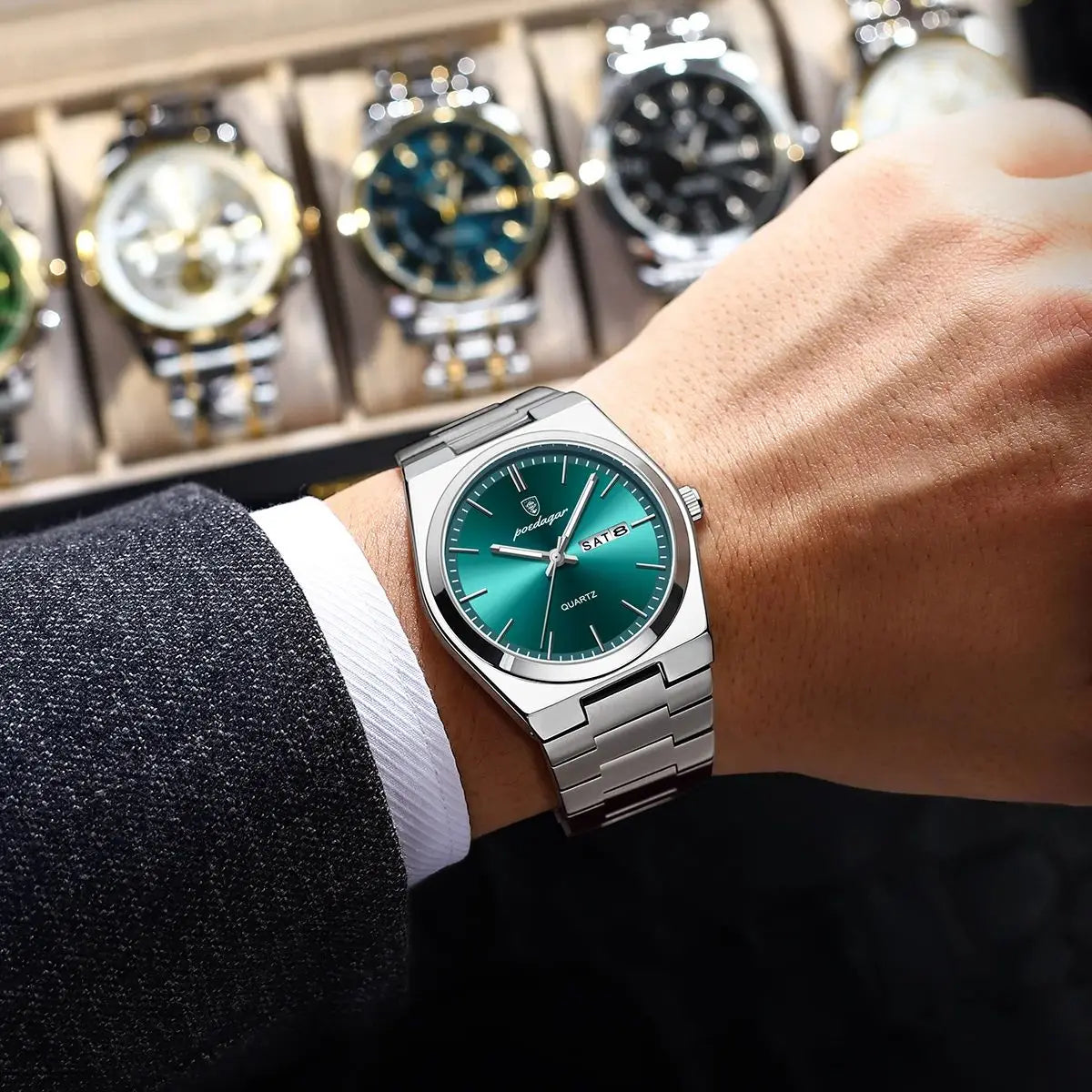 POEDAGAR Relojes de lujo para hombre, impermeables, luminosos, fecha, semana, reloj de hombre, acero inoxidable, informal, moda, reloj de cuarzo para hombre, Reloj