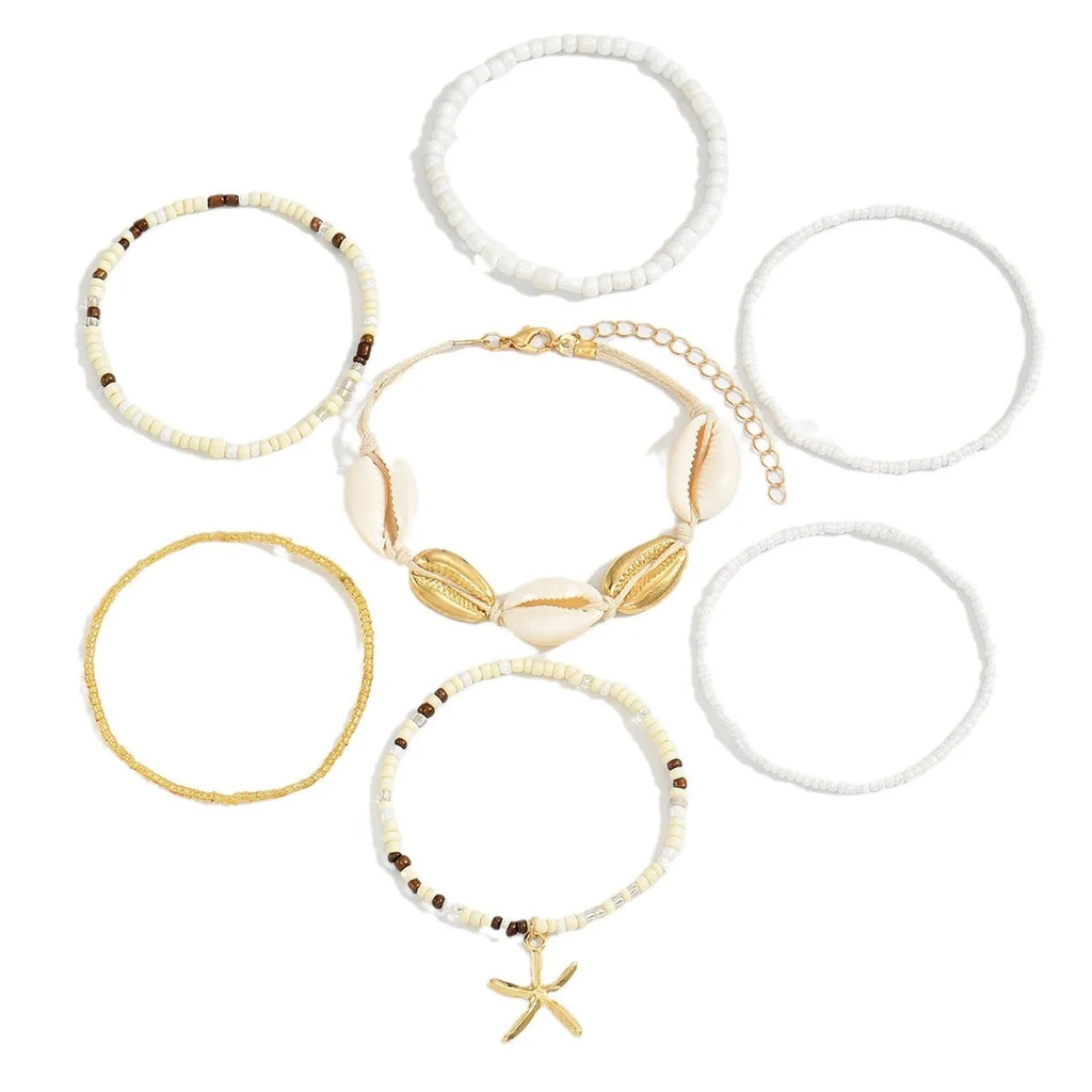 7tlg./Set Böhmisches Urlaubs-Muschel-Perlen-Armband, handgewebt, Seestern-Reiskorn-Armband-Set für Damen, Strandparty, Küstenurlaub