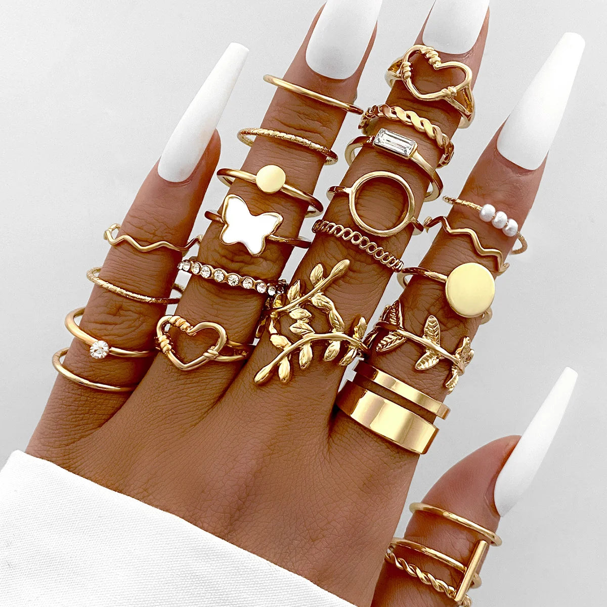 47 Teile/Set Vintage Goldfarbe Herzringe Set Für Damen Herren Hohl Schmetterling Perle Kristall Geometrische Ringe Trendiger Fingerschmuck