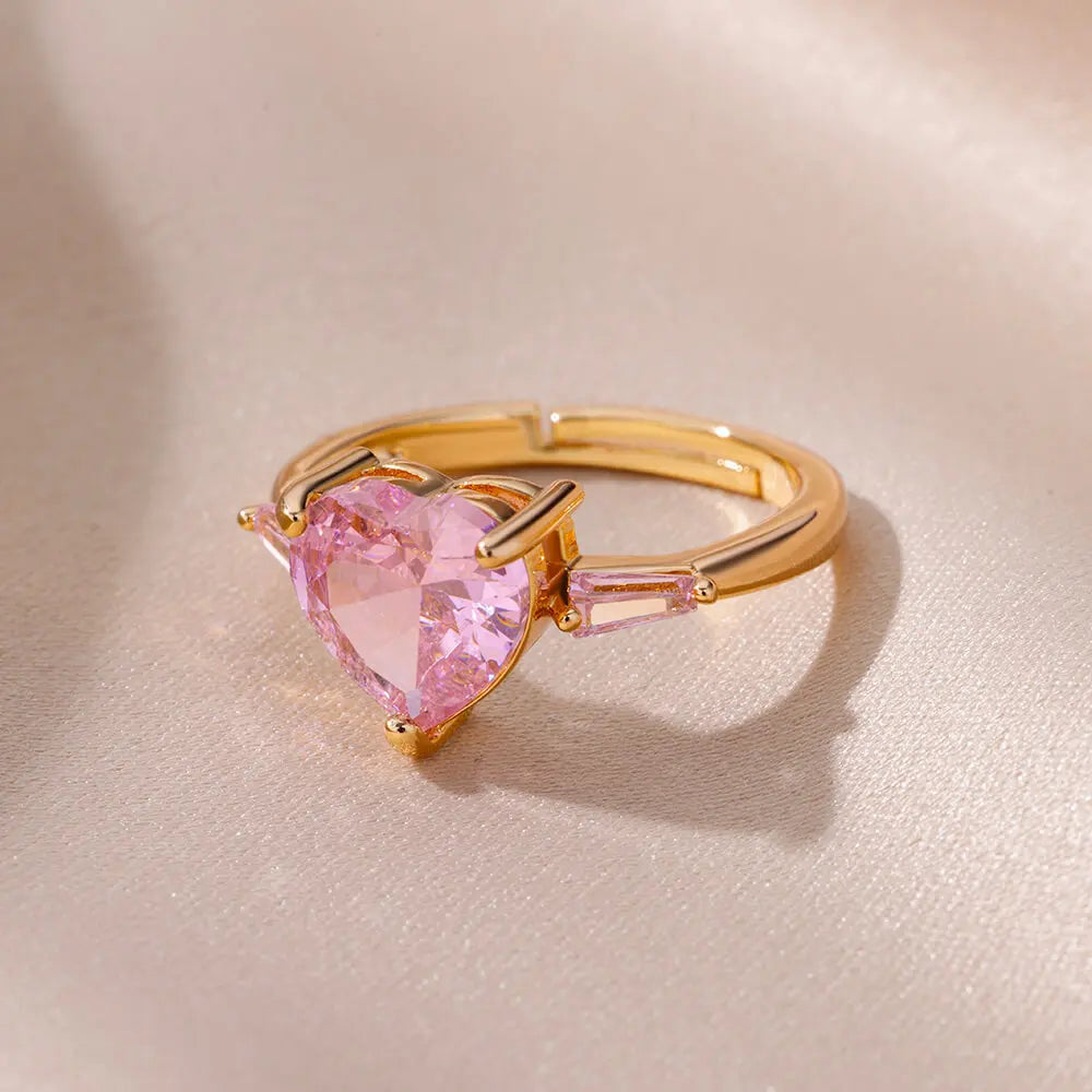 Rosafarbene Zirkon-Herzringe für Damen Vergoldeter Edelstahl Verstellbarer Herzring 2023 Trend Hochzeits-Ästhetik Schmuck Geschenk
