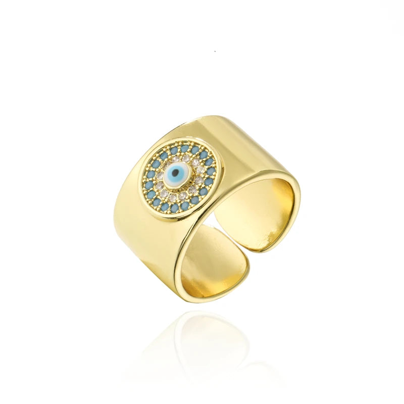 NEWBUY 2024 Mode Goldfarbe Kupfer Hochzeitsschmuck AAA CZ Böses Auge Design Offener Ring Für Frauen Mädchen Verlobungsgeschenk