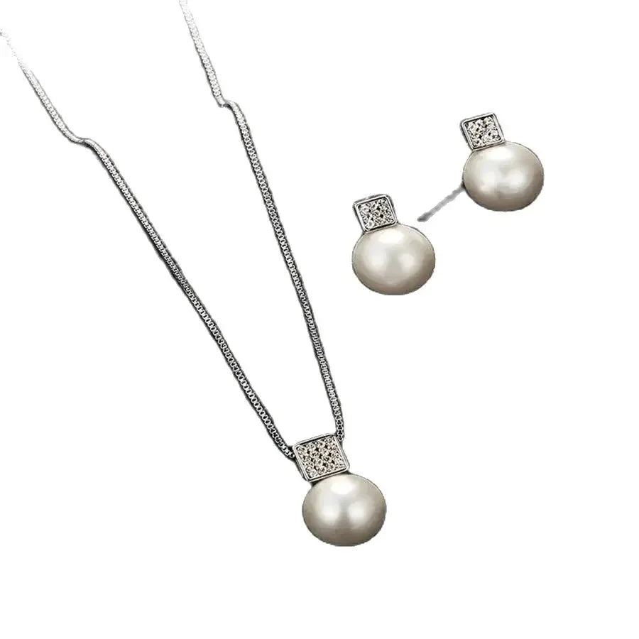 2-teiliges Set Imitation Perlen Anhänger Damen Halskette Ohrstecker Set Silber Farbe Schlangenkette Quadratisch Metall Vollkristall Schmuckset