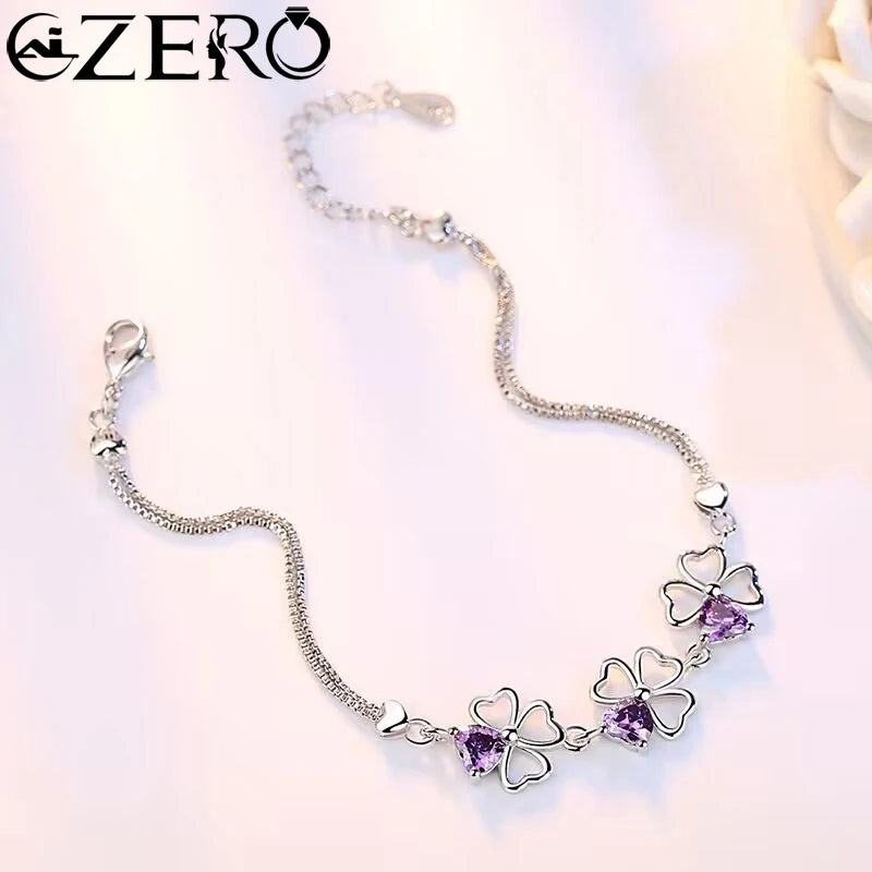 NEU Feine 925 Sterling Silber Lila Kristall Glücksklee Armbänder für Damen Mode Party Hochzeit Accessoires Schmuck 17CM+4CM