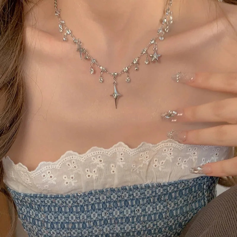 Kpop Star Pendent Necklace for Women Punk Simple Zircon Tassel Clavicle Chain Choker Elegent Party Gift Jewelry Girl