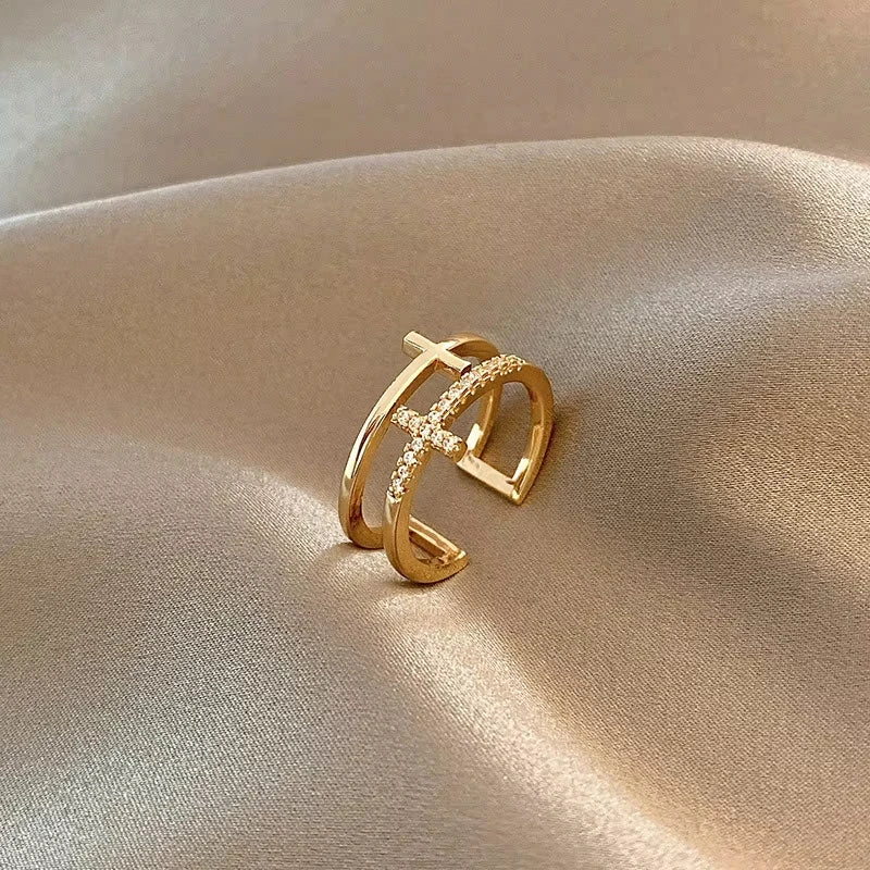Anillo Abierto Doble Capa Cruzado para Mujer, Minimalista, Color Oro Plata, Ajustable, Joyería Femenina para Fiesta Boda