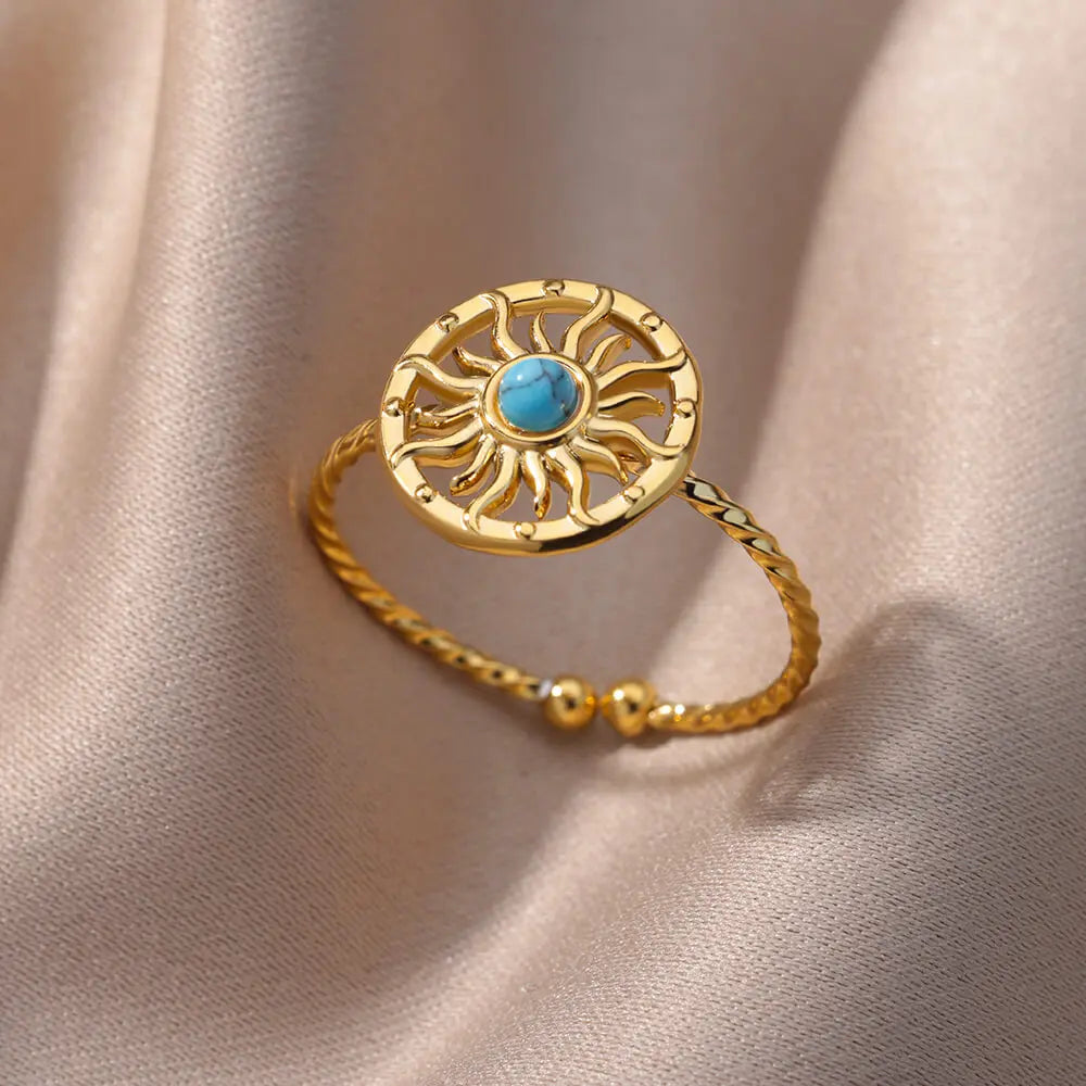 Goldfarbener Edelstahl Muschelringe für Frauen Vintage Oval Blauer Stein Verstellbarer Ring Mode Party Schmuck Jubiläumsgeschenk