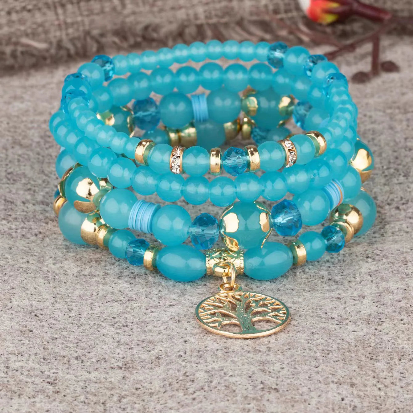 4er-Set Baum des Lebens Charm Armband für Damen, handgemacht, Acrylperlen, Kettenarmreif, weiblicher Boho Schmuck Accessoires