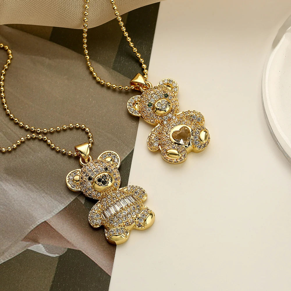 NEWBUY Hot Sale 2 Style Lovely Bear Pendant Necklaces For Women Shiny CZ Zircon Inlay Gold Color Copper Jewelry