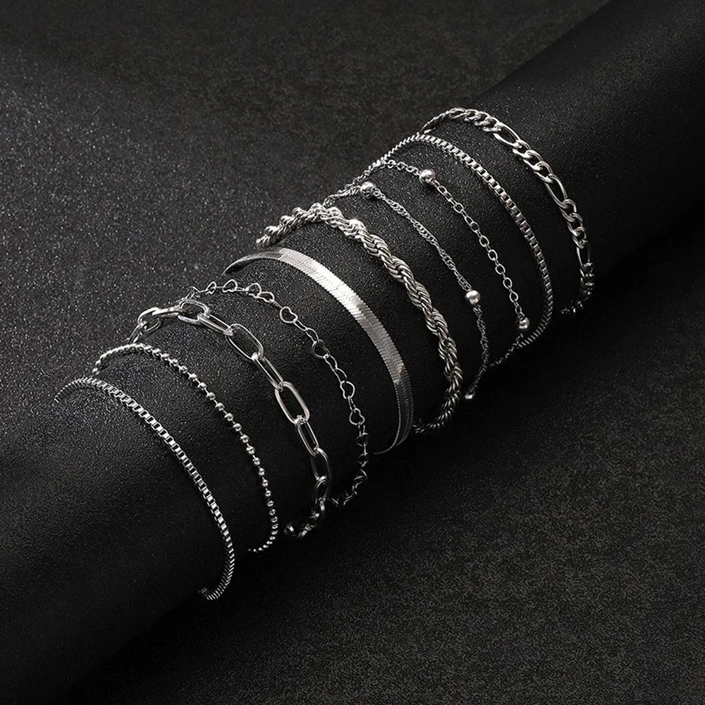 10 Stück Vintage Statement Goldfarbene Flache Schlangenkette Boxkette Armband Boho Mehrschichtiges Metallarmband Damen Sommer Schmuck