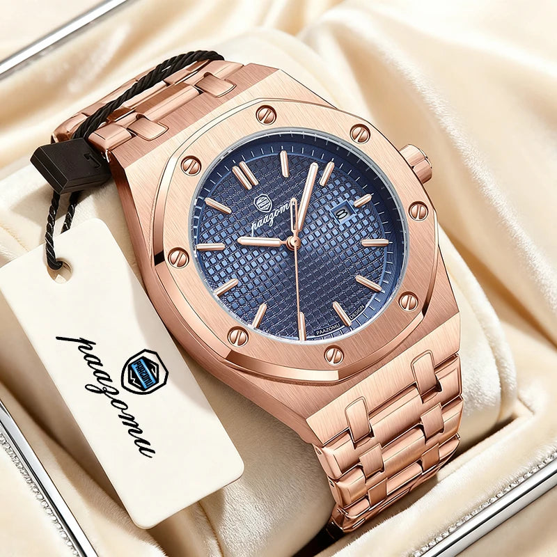 PAAZOMU Reloj de Hombre Original de Alta Calidad Impermeable Luminoso Fecha Lujo Acero Inoxidable Cuarzo Relojes de Hombre Masculino+Caja