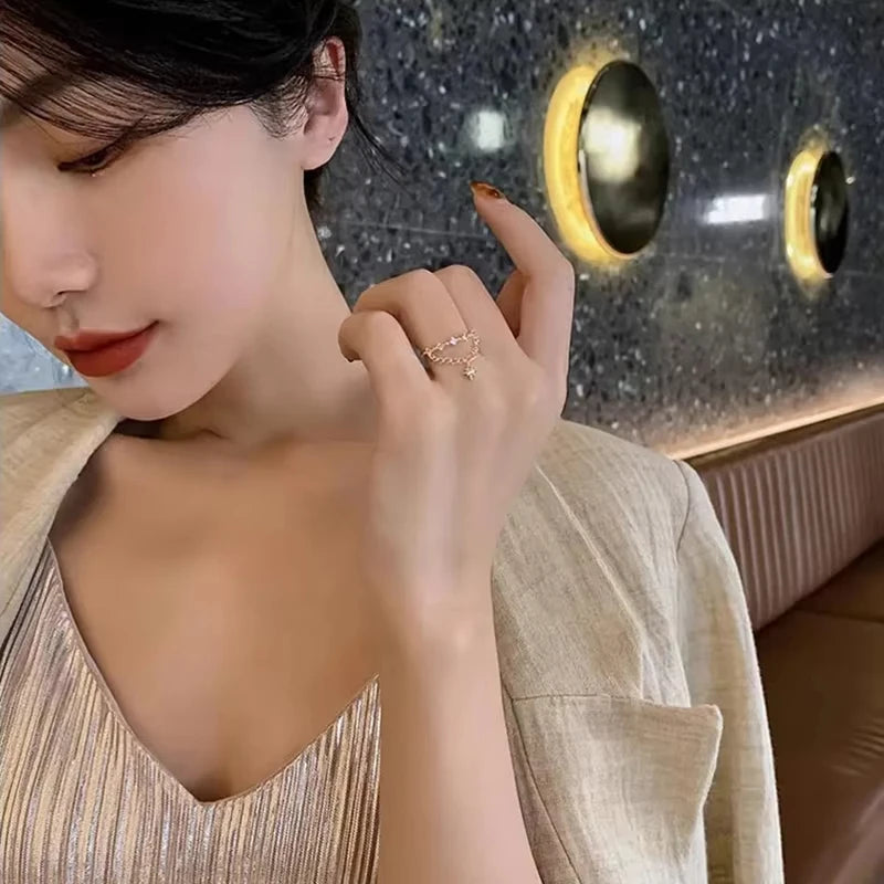 Glänzender Strass Goldfarben Kette Stern Anhänger Offene Ringe Koreanischer Stil Damen Mode Schmuck Hochzeit Party Mädchen Trendiger Ring