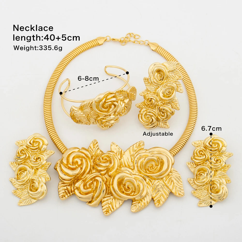 Afrikanisches Mode-Blumenschmuckset für Damen, luxuriös, goldfarben, Indien, hochwertige Ohrringe, Halskette, Armreif, Ring, Brautgeschenk