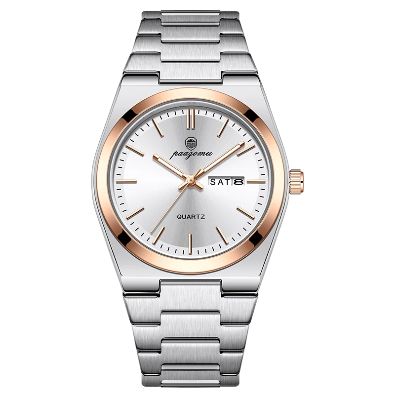PAAZOMU Reloj de pulsera deportivo de lujo de cuarzo para hombre, impermeable, luminoso, con fecha, semana, para hombre, de acero inoxidable, reloj para hombre, Reloj+caja