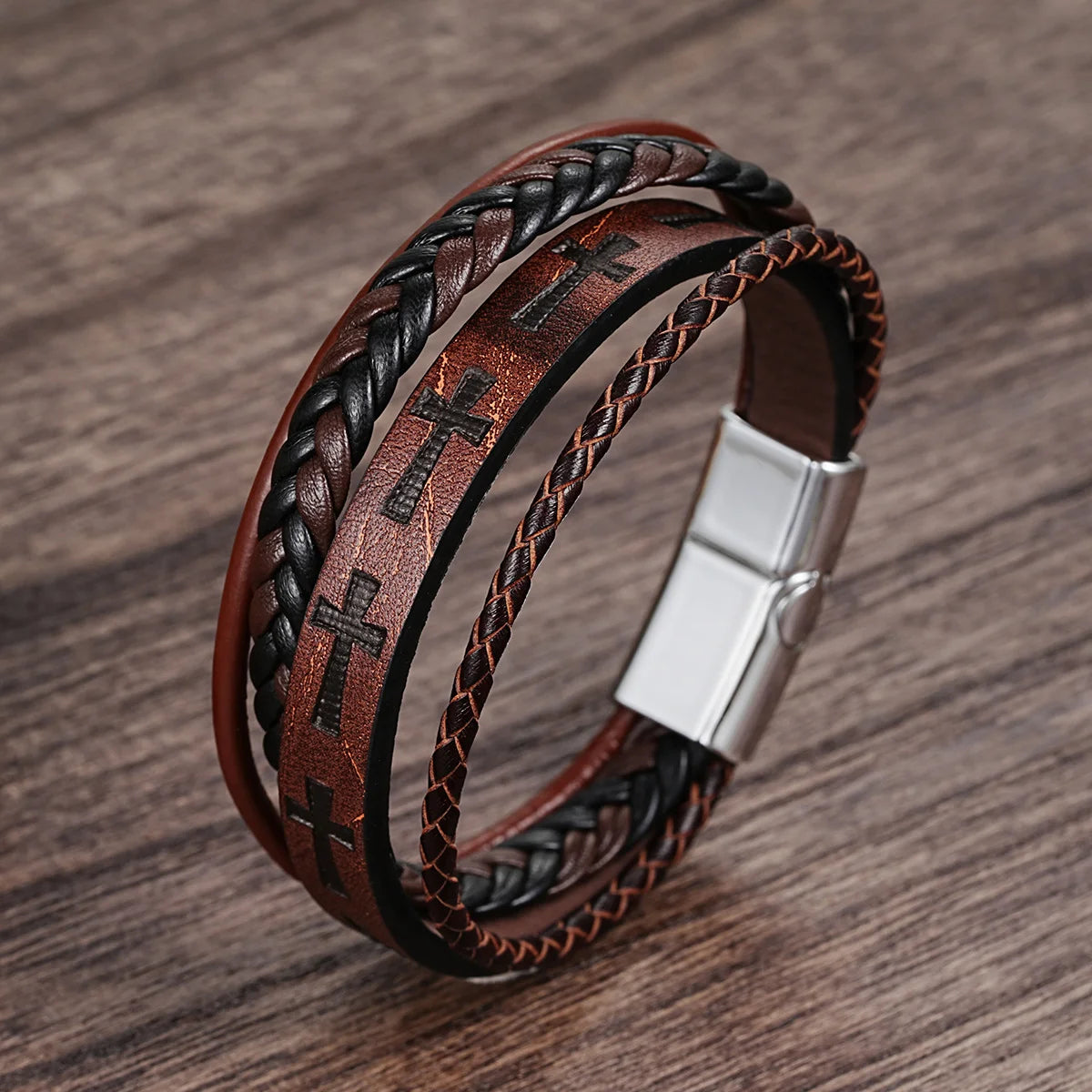 Fashion Kreuz Lederseil Armband für Herren Vintage Geflochtenes Lederarmband Punk Metall Magnetverschluss Persönlichkeit Armband Schmuck