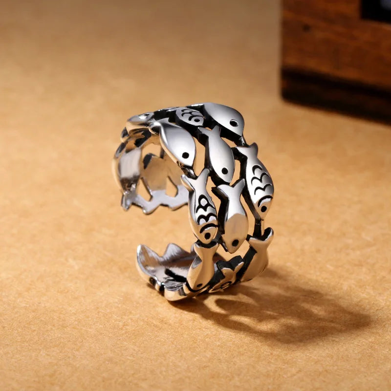 Anillos ajustables de plata de ley 925 con tres capas de pez para mujer, compromiso, boda, accesorios de joyería vintage