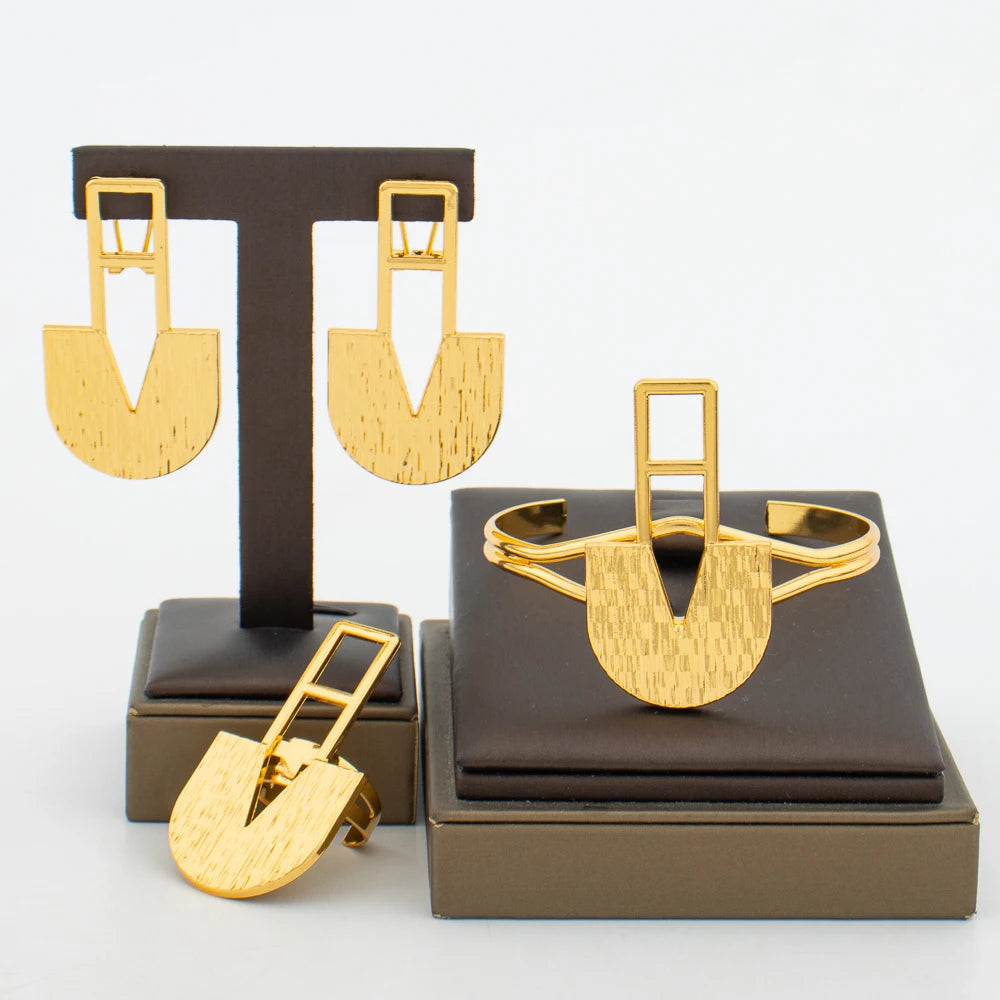 Afrikanischer Goldschmuck-Set für Damen, Ohrringe und Armreif-Ring, 3-teiliges Set, Hochzeiten, Brautschmuck-Geschenke für den täglichen Gebrauch